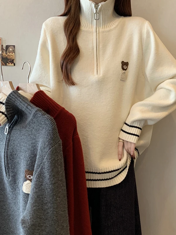 

plus Size Bear Cartoon Long Sleeve Knitted Sweater Autumn Winter Loose Slimming Half Zip up Women's Fashion Commute Style