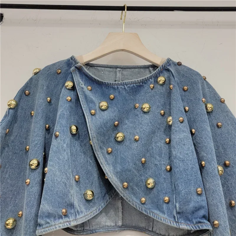 Spring Autumn Women Rivets Long Lantern Sleeve Denim Coat Short Pearls Beading Jeans Bomber Jacket Cowboy Cardigan Tops 2023