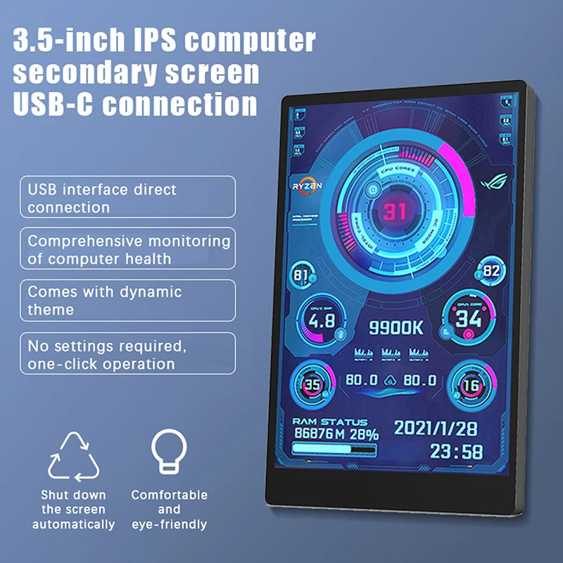 IPS Tipo-C Tela Secundária, CPU do computador, GPU, RAM, Monitor HDD, Display USB para AIDA64 Livremente, 3.5 ", Novo