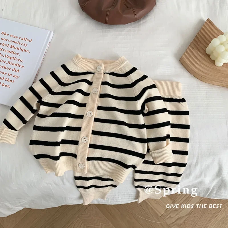 Spring Autumn Baby Girl Clothes Sets Kids Clothes Boys 2 Piece Sets Striped Knit Suit Toddler Girls Outfits 1 3 5 Years Old