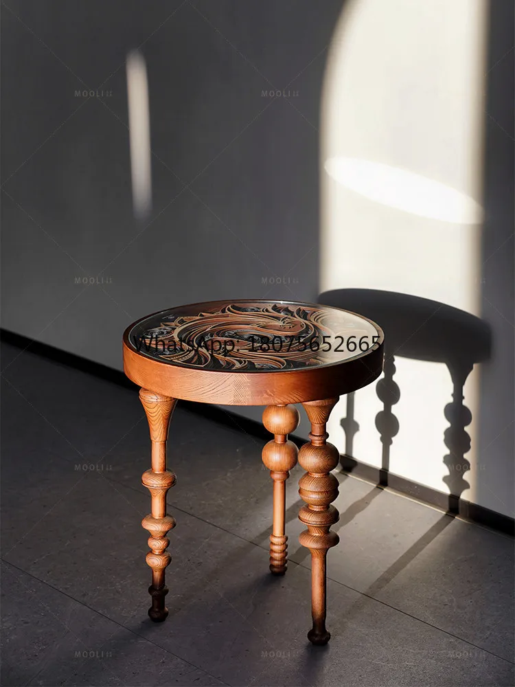 French retro solid wood round side table - vintage style coffee table for living room
