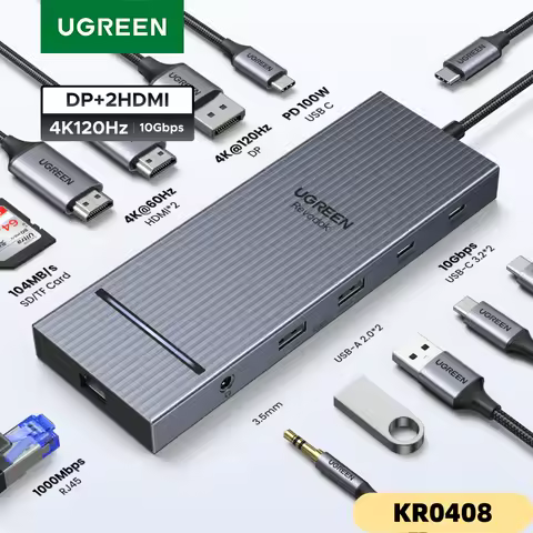 UGREEN 12-in-1 USB-C Docking Station with 2 HDMI, DisplayPort, USB 3.2, RJ45, SD/TF, and PD 100W wording — Best balanced multi-port dock shortlist