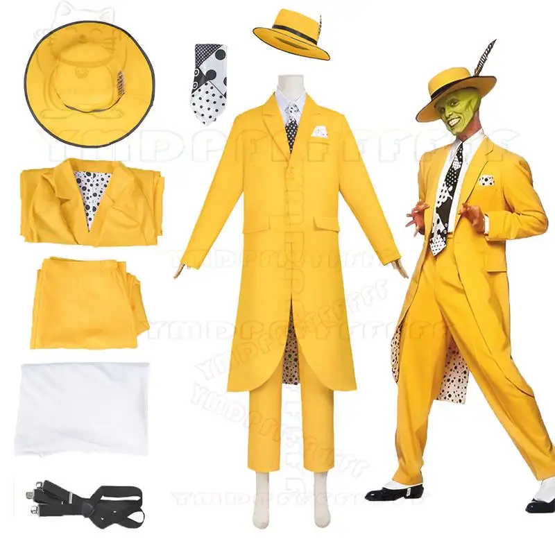 

Точечный фильм «Маска» карнавальный костюм Джим Керри косплей желтая форма карнавальный костюм для вечеринки шляпа Хэллоуин клоун реквизит комплект