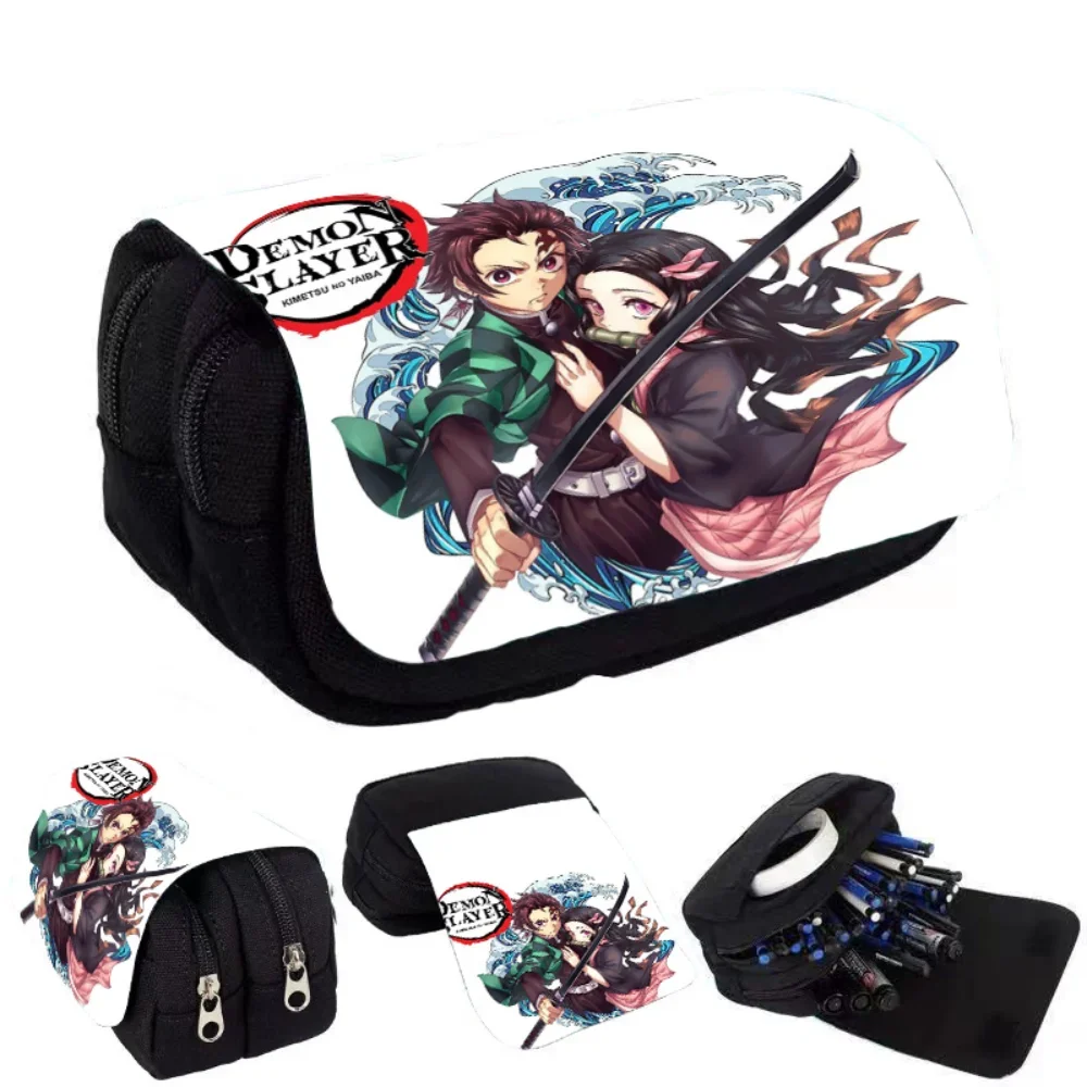 Anime Pencil Case Kamado Tanjirō Agatsuma Zen'itsu Hashibira Inosuke Double-layer Large Capacity Student Pencilcase