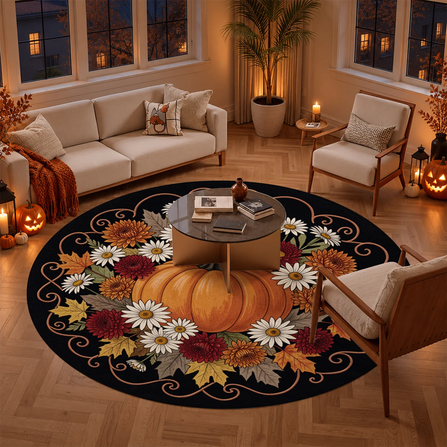 Autumn Pumpkin Floral Maple Leaves Pattern Round Velvet Floor Mat, Machine Washable, Suitable for Living Room, Entryway, Dining Room, Perfect for Halloween, Thanksgiving, Christmas, New Year Home Decor