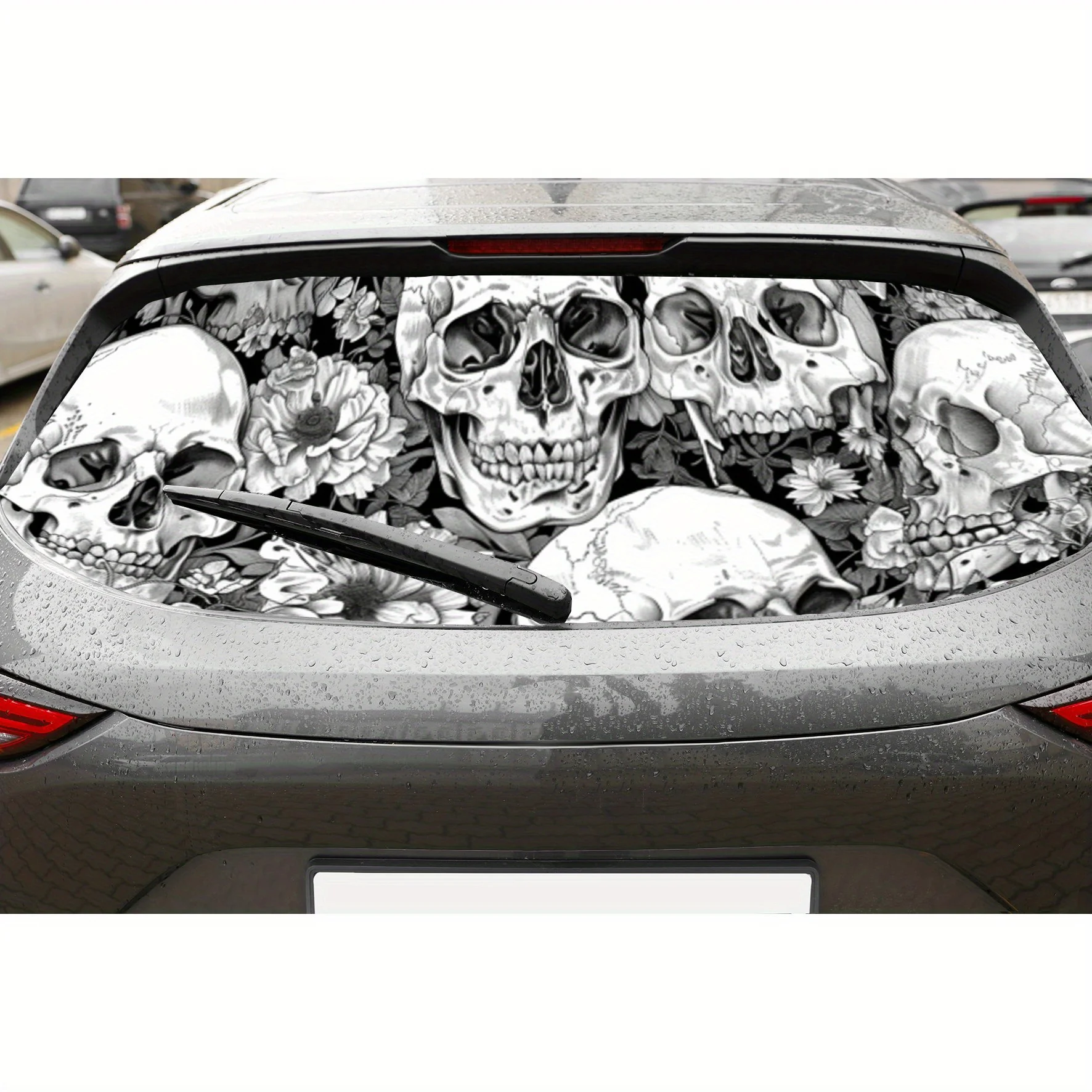 

Темный череп и цветок, перфорированные автомобильные виниловые обертывания из ПВХ, прочная наклейка на заднее лобовое стекло автомобиля, водонепроницаемая наклейка на заднее окно автомобиля, Pri