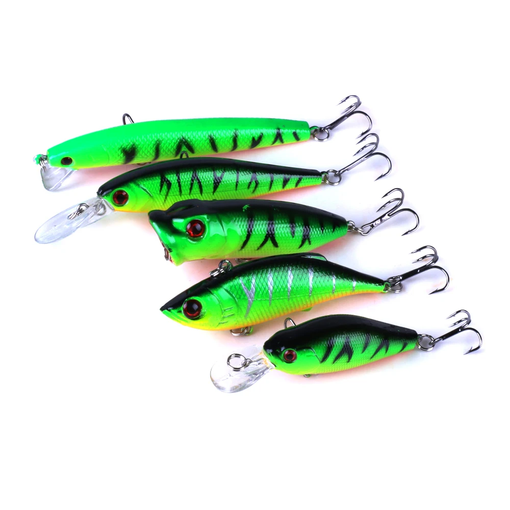 Juego de Señuelos de Pesca de simulación, Kit de 5 piezas, Wobblers, Color verde mixto, Crankbait, Minnow, VIB, Pencil Popper, Crank Jerk