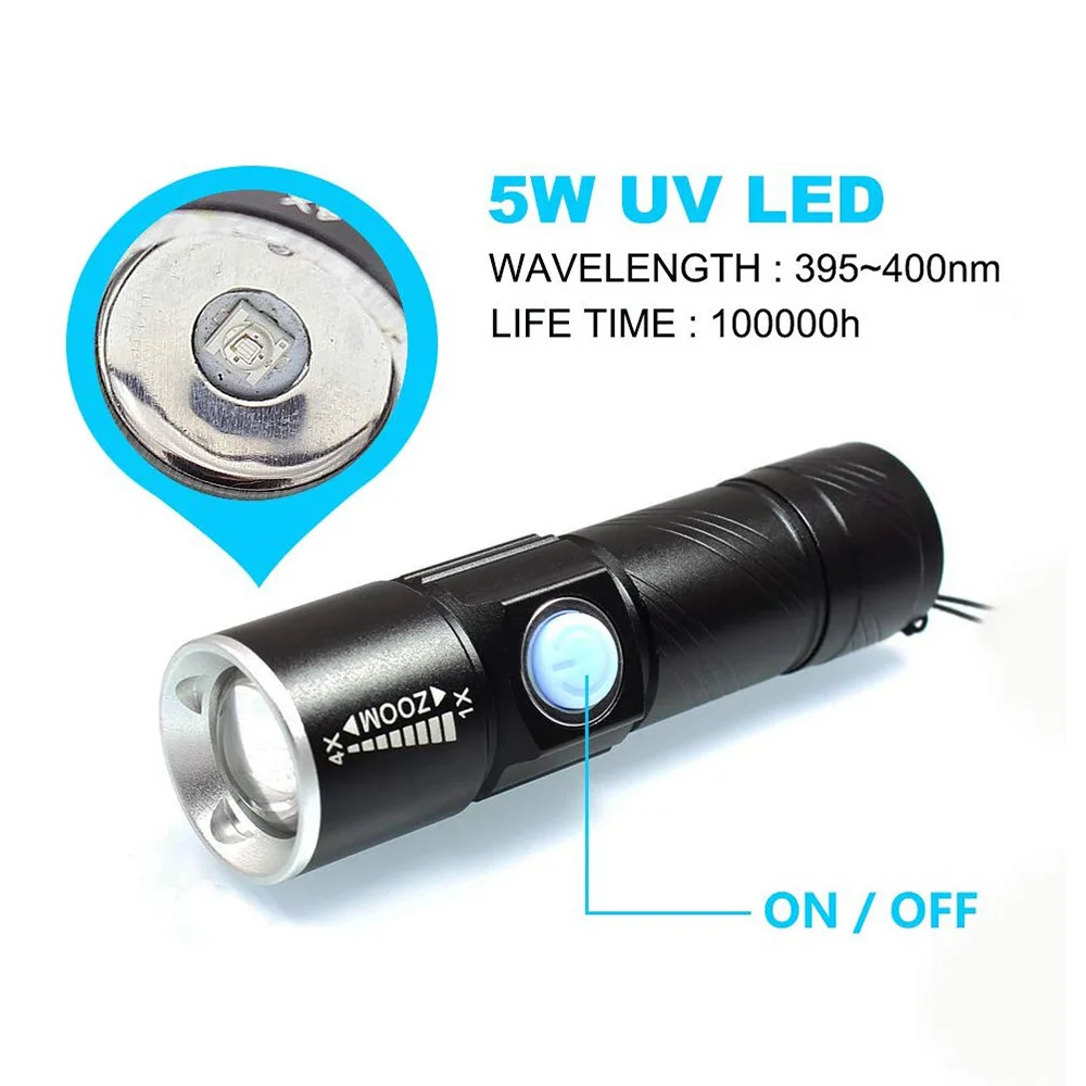 395nm 365nm LED UV Flashlight Ultraviolet Torch Zoomable Mini Linterna UV Light Pet Urine Stains Detector Scorpion Hunting