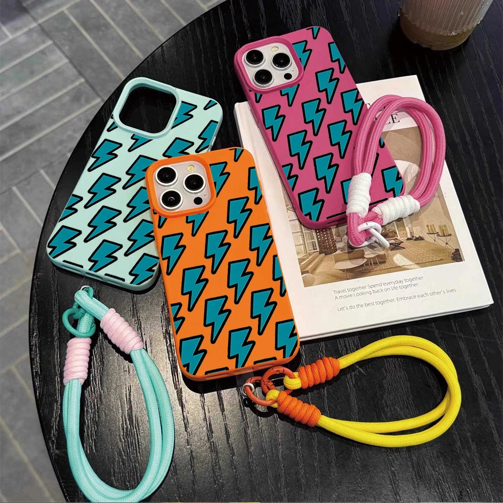 Coole blaue Cartoon-Blitz-Bonbonfarben-Hülle mit Litschi-Muster für iPhone 17 Air 16 15 14 13 12 11 Pro Max Plus mit Lanyard-Abdeckung – Detail 2