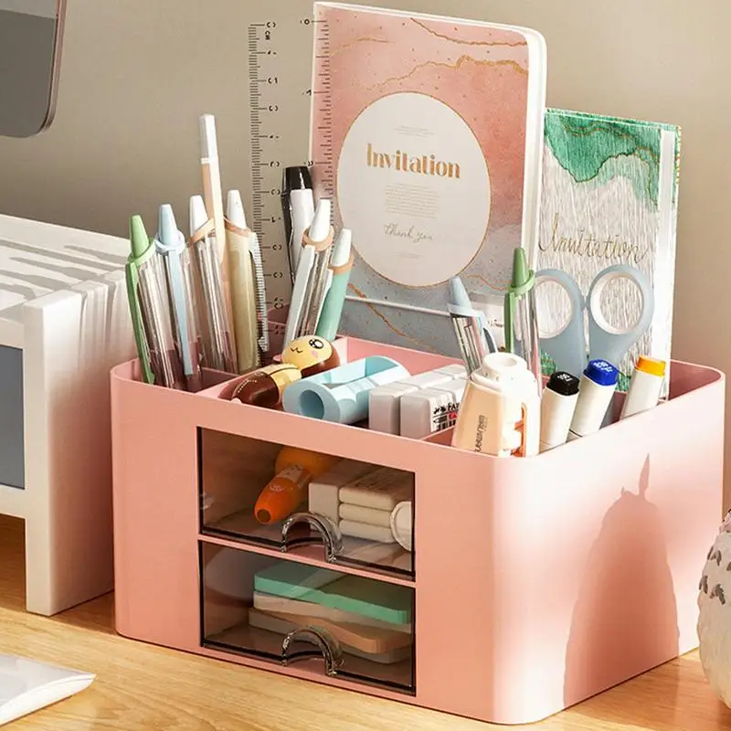 Creative Desk Organizer With Drawers Double Deck Cosmetics Student Stationary Pen Holder Storage Box For Home Office Accessories