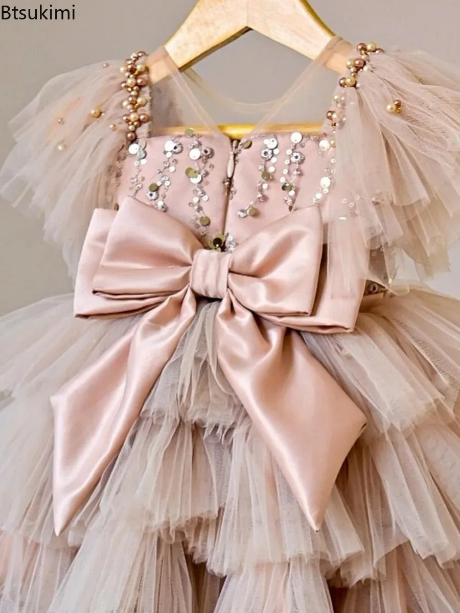 2026 Trendy Girls Princess Dresses Gown Sparkling Sequined Sleeveless Layered Fluffy Tulle for With Charming Bow Party Dress