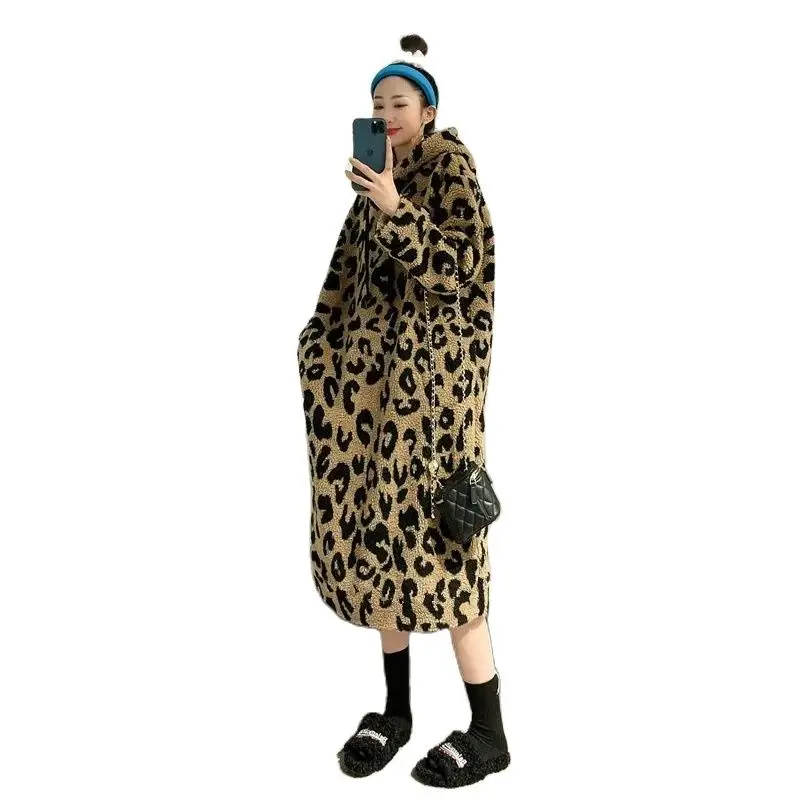 Leopard Print Imitation Lamb Cashmere Mid Length Sanitary Dress 2024 Autumn/Winter New Loose Versatile Lazy Style Dress Trend WF