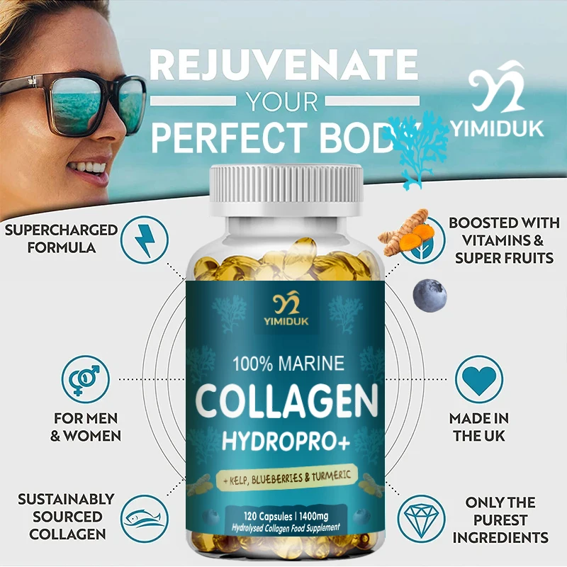 Powerful Marine Collagen - With Hyaluronic Acid, Biotin & Blueberry - 1400mg Complex-Hydrolyzed Type 1-With Vitamins & Minerals