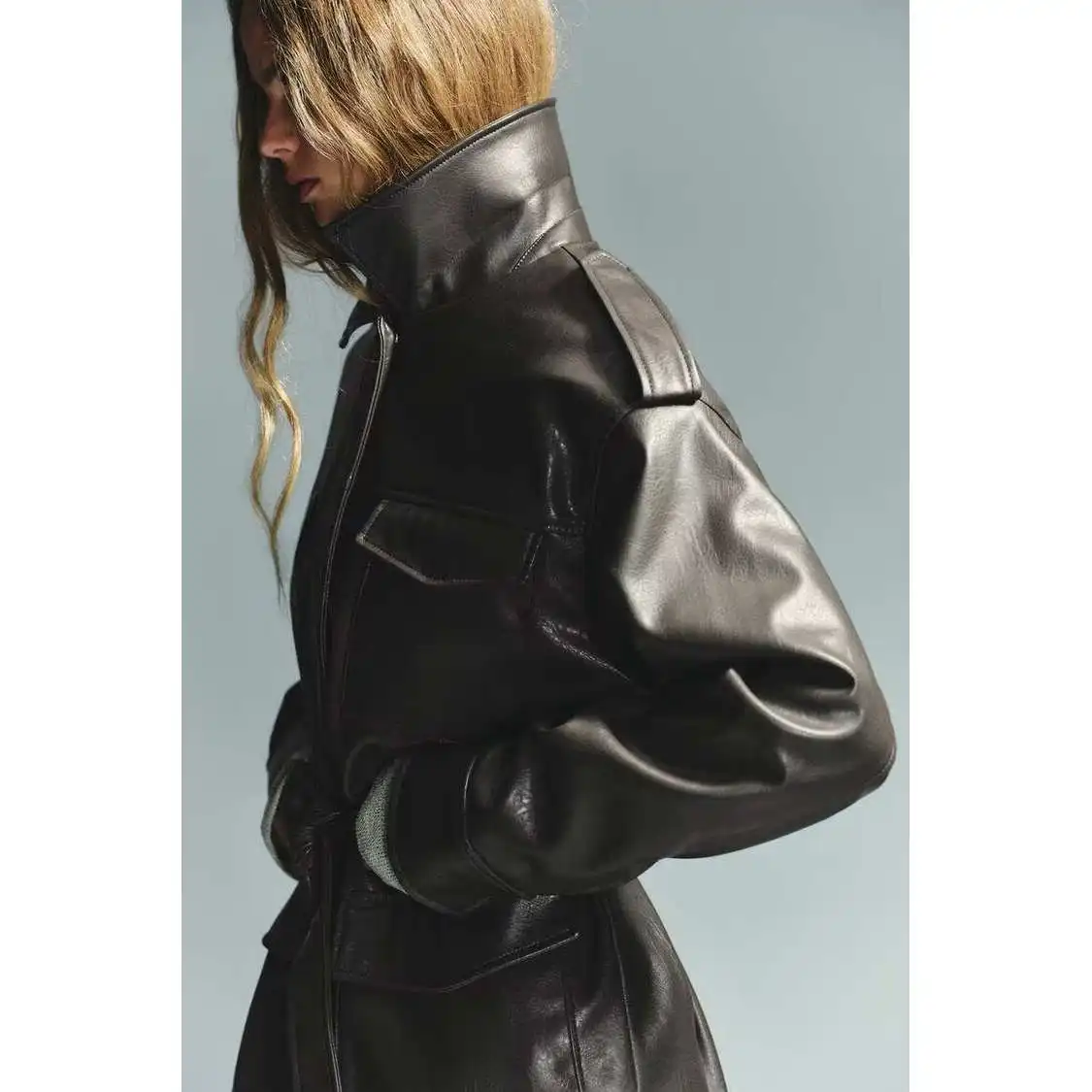 ZBZR Autumn New Women's Faion Sense ket Decorated Faux Leather Jaet Outerwear Polyester Fiber Universal ort Coat