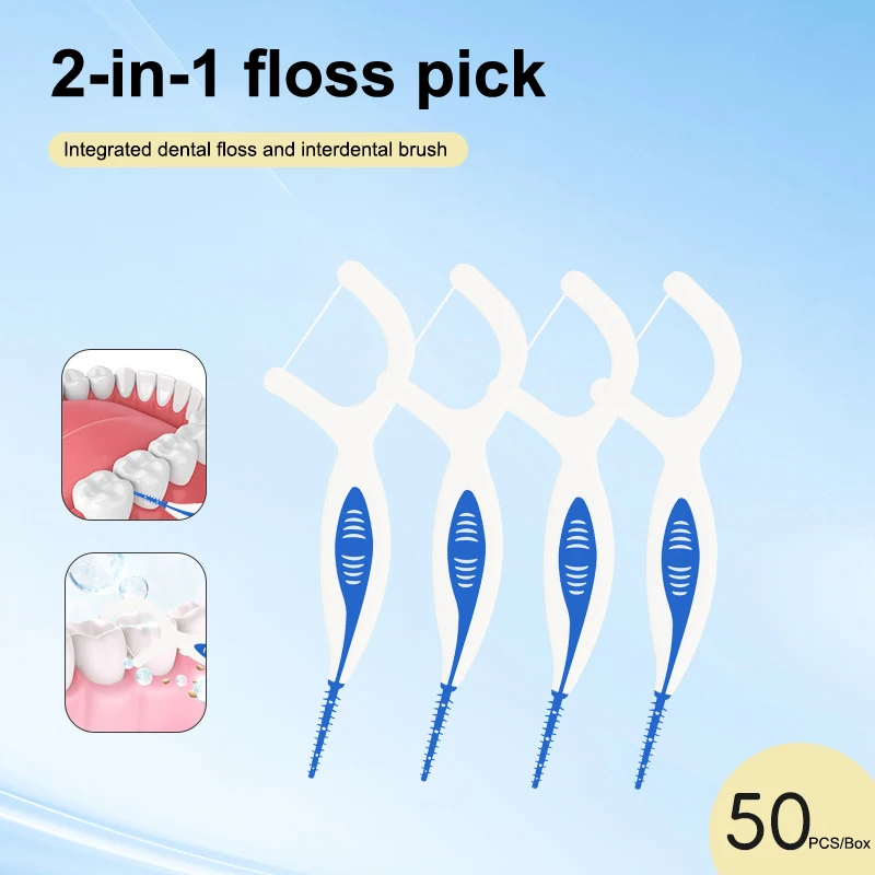 

50Pcs 2in1 Multifunctional Dental Floss Stick High Elasticity Dental Floss Comfortable Soft Silicone Interdental Brush Oral Care