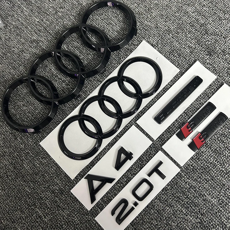 2PCS 4Ring logo ABS Black Car Hood Front Grill Rear Trunk Emblem Sticker 1P A4 1P Quarrto 1P 2.0T 2P Sline For AUDI A4 2008-2017