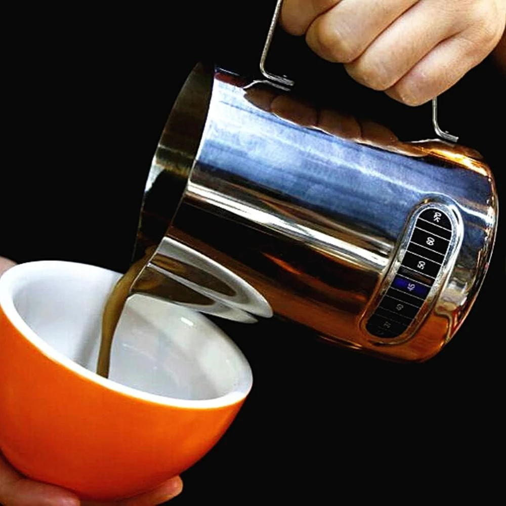 Milk Frothing Pitchers with Integrated Thermometer Latte Art Jug Stainless Steel Creamer Temperature Espresso Steaming Pitchers view 5