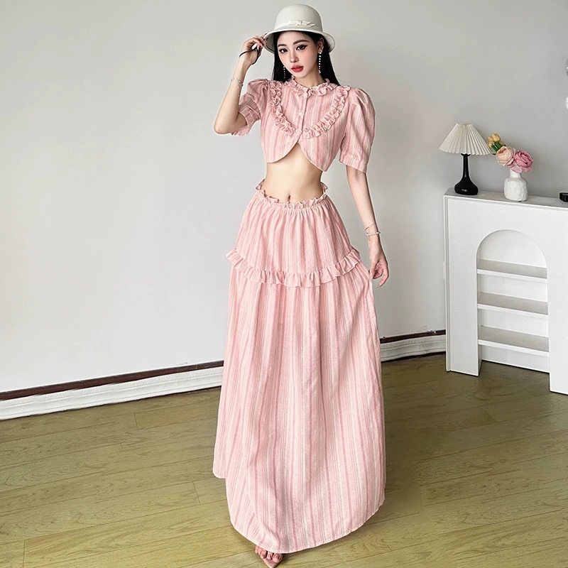 

Sweet Cool Pink Two Piece Sets for Women's Striped Bubble Sleeve Crop Top & Long Skirt Sets Japanese Style Cute 2 Pieces Outfits