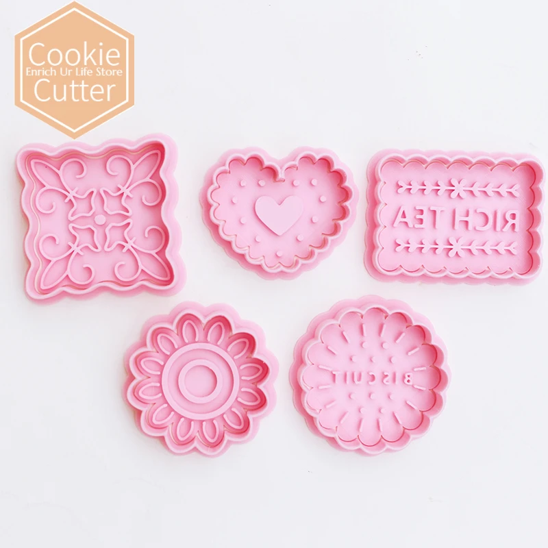 Retro Heart Square Round Classic Biscuit Mold 3D Press Cookie Embosser Stamp Birthday Flower Pattern Cookie Cutter Baking Tools