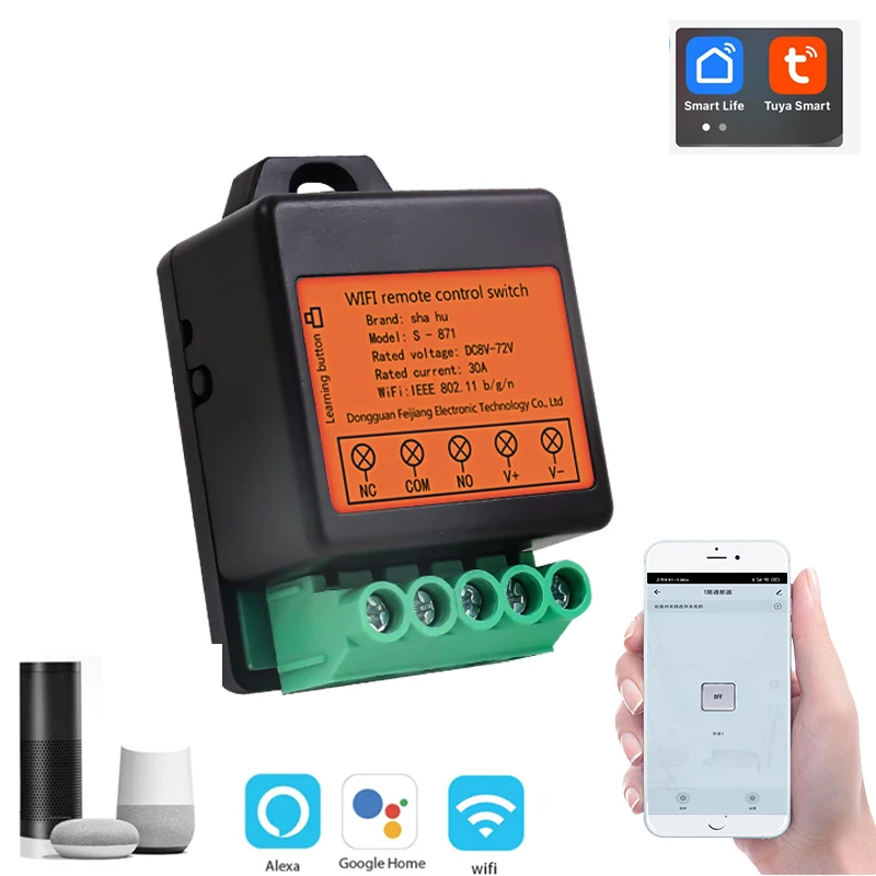 

Tuya APP Smart Home Wifi Wireless Remote Control Switch DC12V24V 1CH Relay Control Module Alexa Google Voice Control Switch