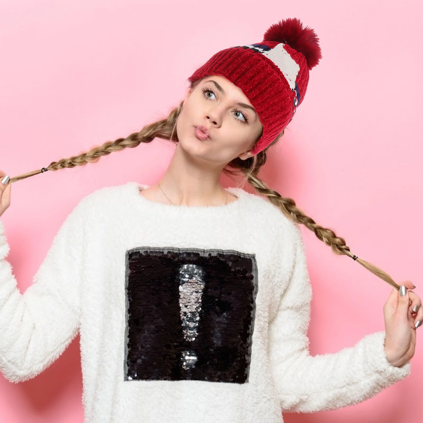 

2 in 1 Winter Knit Hat Scarf Set Dark Red Soft Warm Beanie Multifunction Neck Warmer Women Knitted Cap Cold Weather