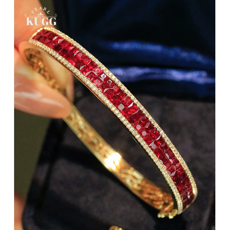 KUGG 100% 18K Yellow Gold Bangle Luxury Elegant Style Shiny Diamond Natural Ruby Bangle for Women Wedding High Party Jewelry