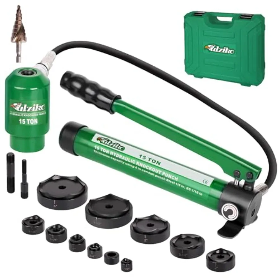 

SYK-15 15 Ton Heavy Duty Hydraulic Knockout Punch Kit 1/2 4 Inch Type D Punch and Die Set with Step Drill Bit Professional Grad