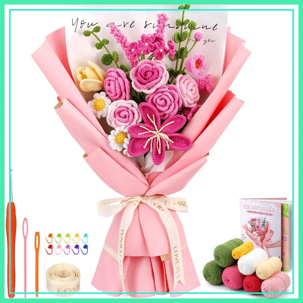 

Rose-Pink Flower Bouquet Crochet Kit for Beginners with Video Tutorials, Knitting Kit for Women Gifts Home Decor