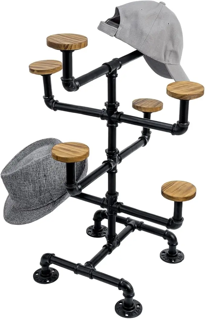 Hat Display Stand Holder Rack With 8 Round Rustic Burnt Hangers Retail Display Stand For Baseball Cap