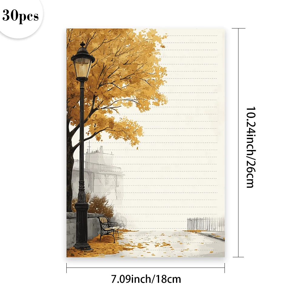 30 Sheets,B5 Watercolor Autumn Street Scene Theme Writing Paper, Lined,no Glue, Very Suitable For Notebooks, Memos, And Stickers