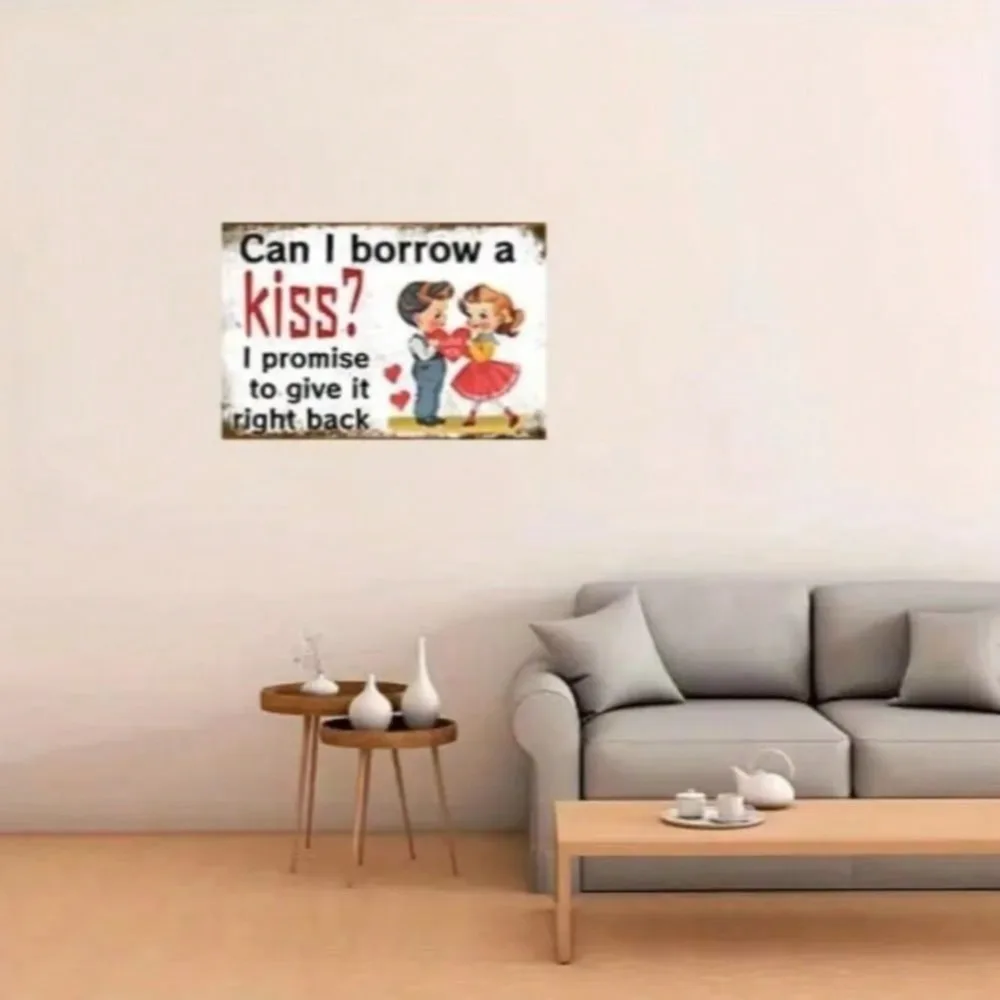 لافتة معدنية كلاسيكية "هل يمكنني تحمل قبلة" لوحة فنية جدارية رومانسية لعيد الحب - ديكور مطبخ لغرفة النوم والبار المنزلي لتزيين غرفة المنزل
