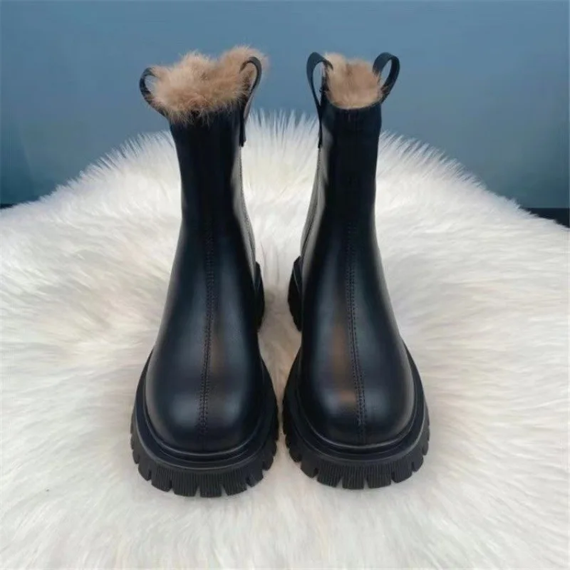 Shoe for Women Platform Round Toe Plush Boot Woman Winter 2023 Warm Snow Boot Fashion Ankle Boot PU Casual Leather Boots Botines