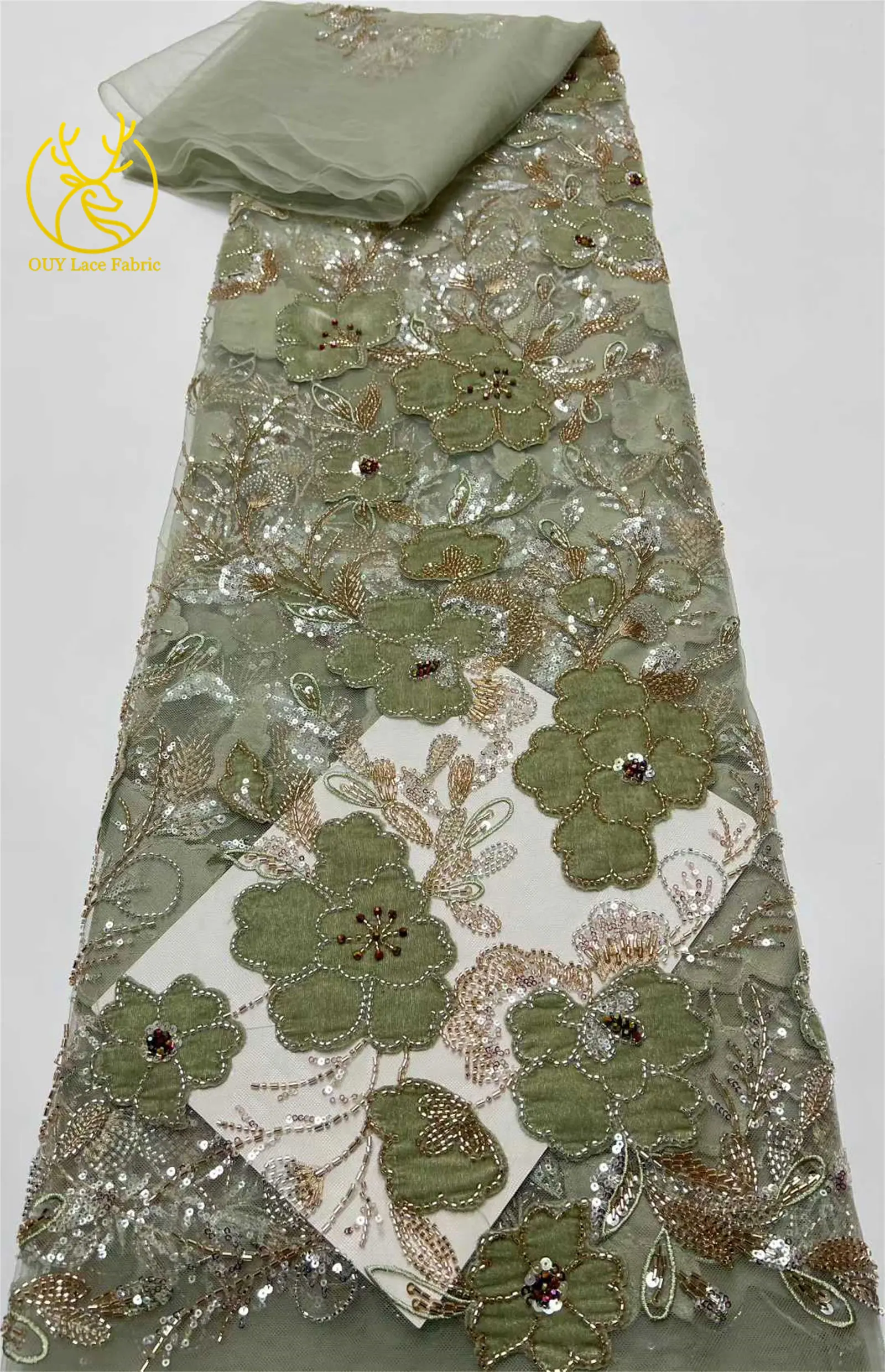 Neues Design Samt-Pailletten-bestickter Spitzenstoff 2026 Hochwertiger afrikanischer Perlen-Spitzenstoff Brautparty Hochzeitskleid Kleid – Detail 16