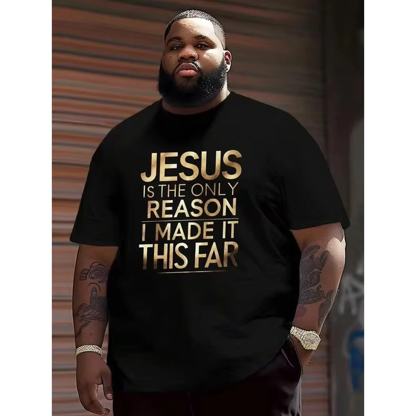 Men's Plus Size Faith T-Shirt - Jesus Is Reason Golden Lettering & Geometric Religious Print, Breathable Sweat-Absorbent Fabric, Short Sleeve Casual S