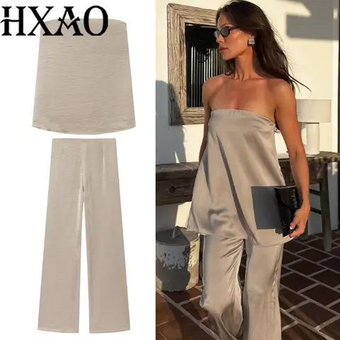 HXAO Satin Pant Sets Summer Baggy Trousers Women's Suit Black Wide Pants Woman Polka Dot New In Pants High Waist Fluid Trousers