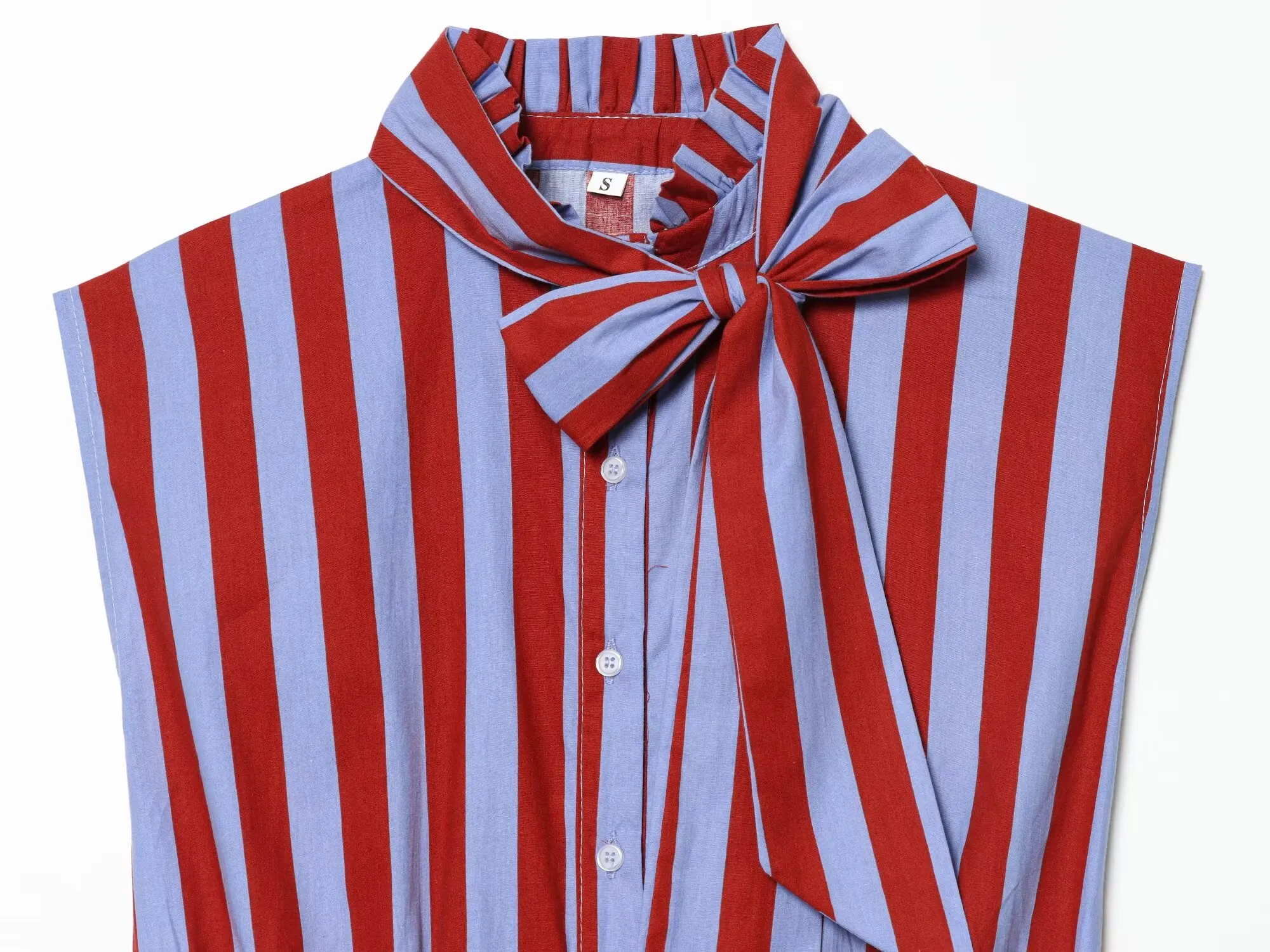HH Damen Sommer Gestreifte Bluse mit Schleife, Rüschenkragen, Ärmellos, Knopfleiste, Peplum-Top im Preppy-Stil, Lässig für Abschlussfeier und Urlaub – Detail 4