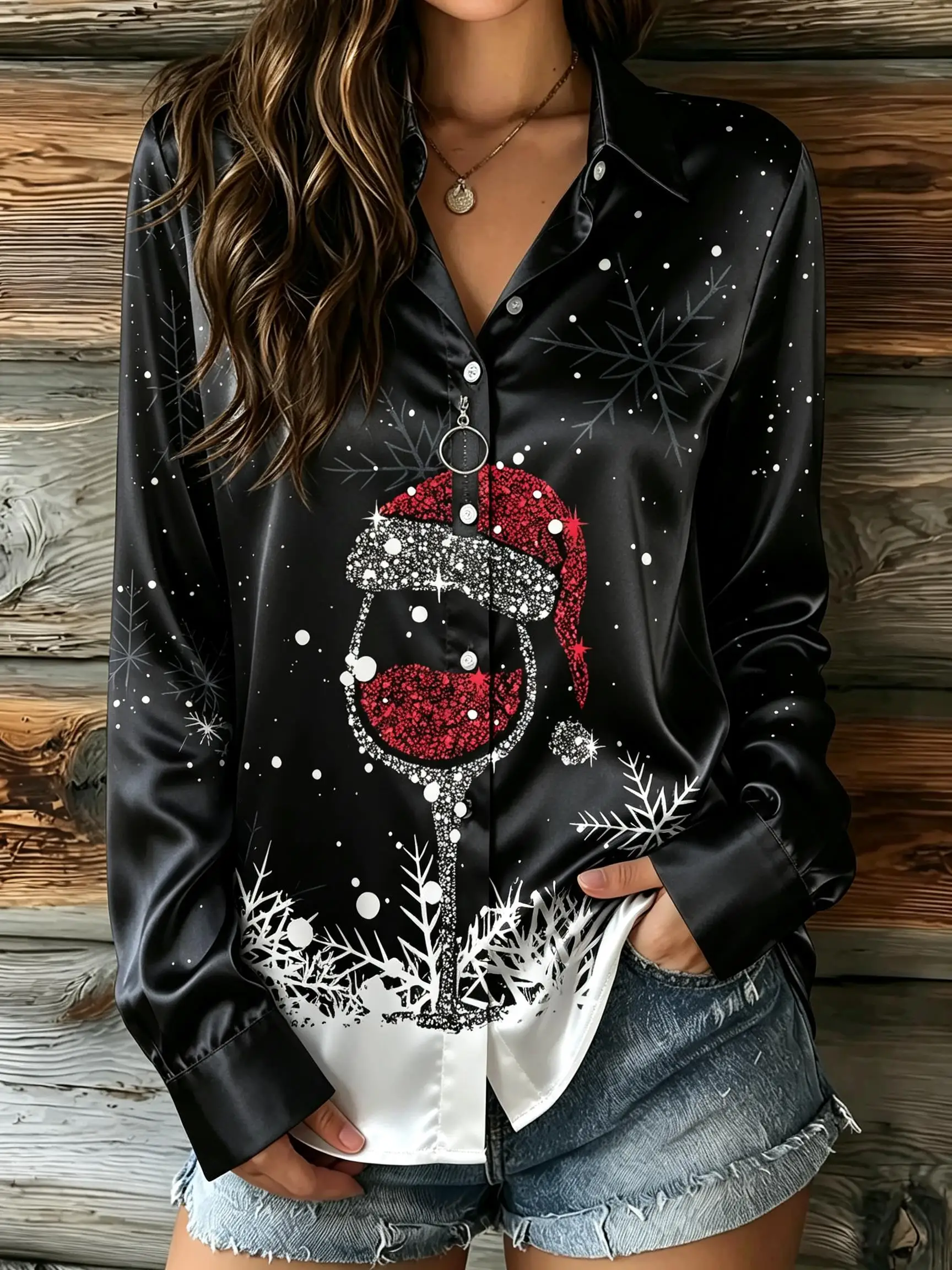 Women Lapel Collar Long Sleeve Button Down Shirt Christmas Wine Cup Snowflake Graphic Print Holiday Casual Blouse Top