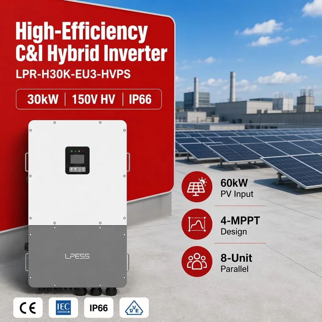30kW Industrial Hybrid Solar Inverter 150V High Voltage Battery 4 MPPT 60kW IP66 Industrial 8 Units Parallel