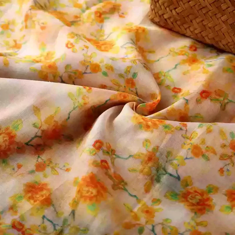 

1 ярд ткань рами с желтым цветочным принтом для пэчворка, ткань Cheongsam юбки рубашки