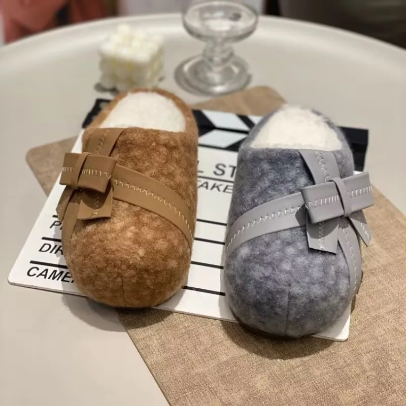

Thick-soled, Headband, Fleece, Warm Bow, Outerwear, Fashionable, Versatile, Comfortable and Anti-slip Cotton Slippers for Women