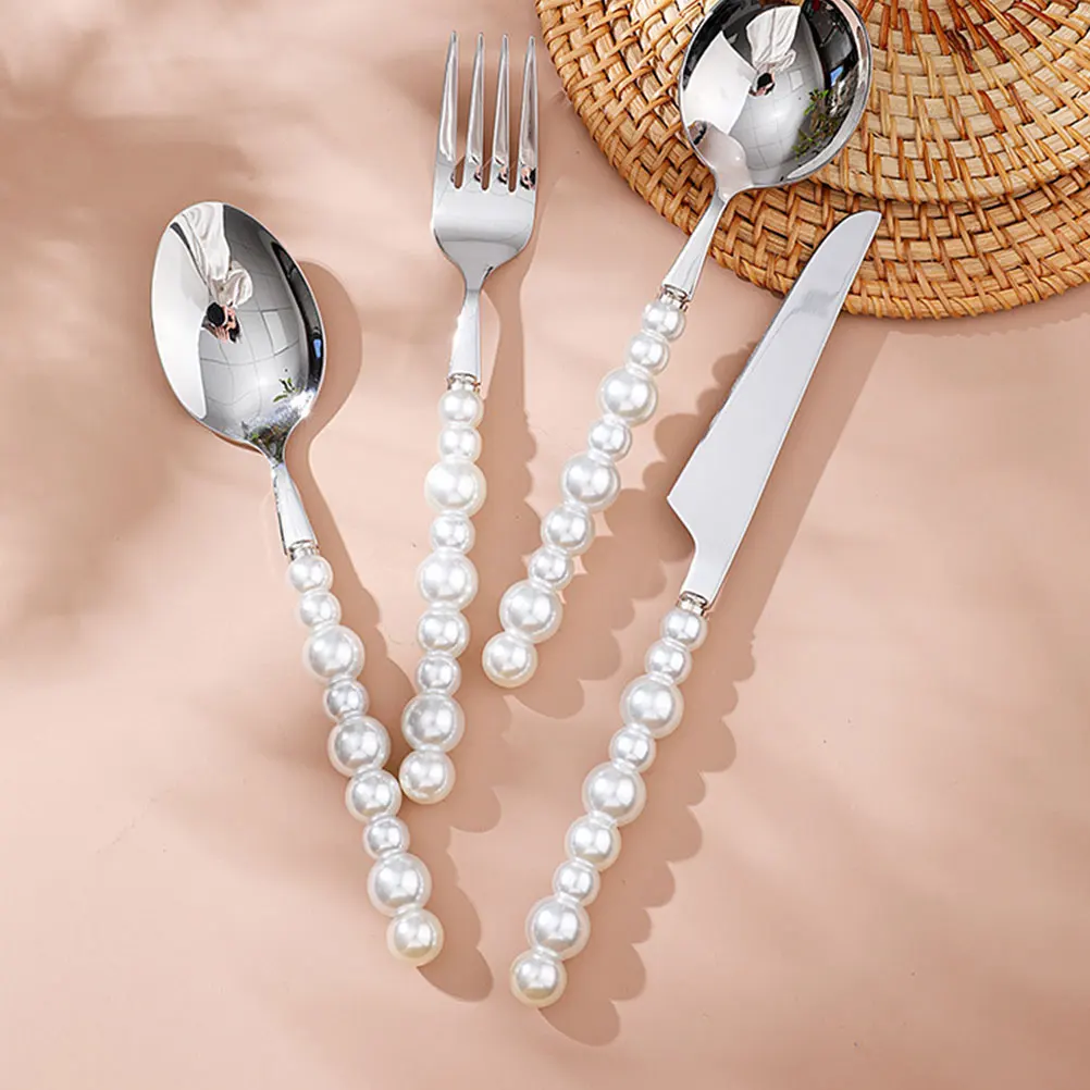 

Pearl Handle Tableware Cute Silverware Stainless Steel Dinner Forks Spoons Steak Cutlery Home Metal Kitchen Supplies