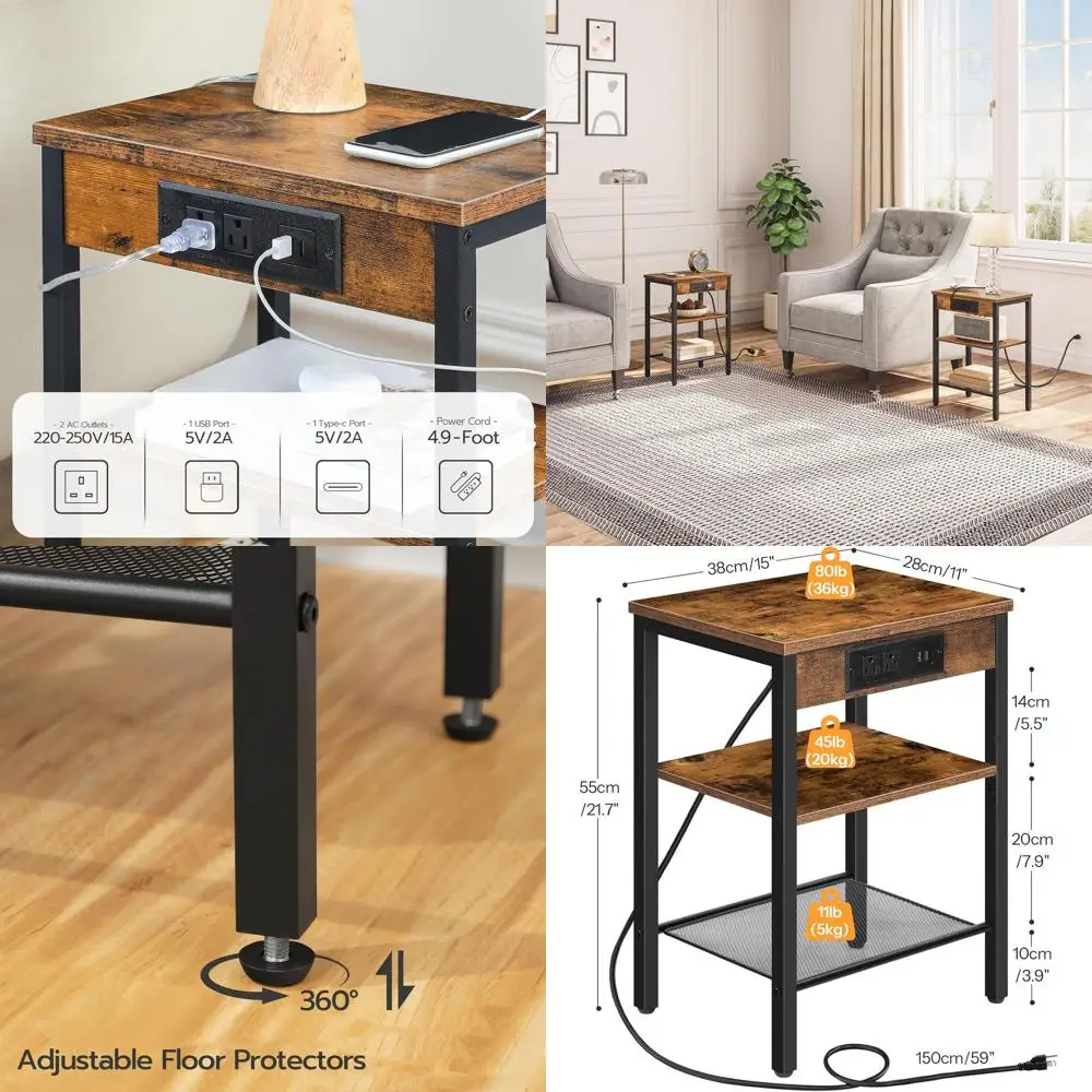 

2-Piece Charging Side Table Set with USB, Compact 3-Tier Nightstands for Small Spaces, Rustic Brown