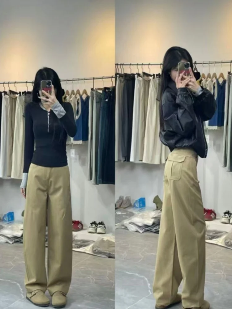 ハイウエストルーズストレートレッグパンツレディースカジュアル裏地付きズボン秋冬ファション韓国風通勤パンツ