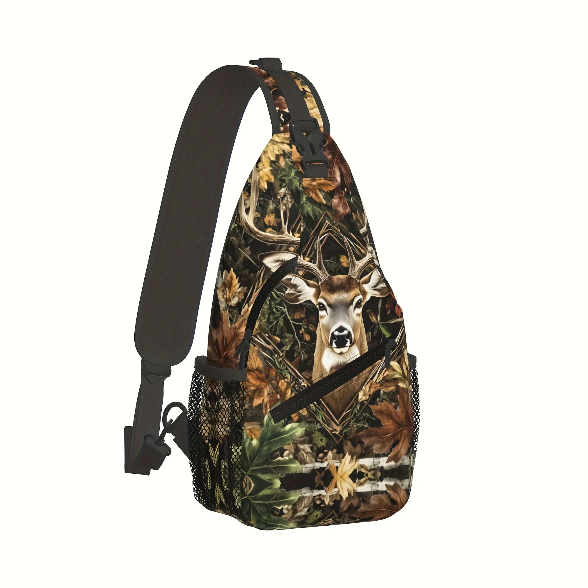 Custom Men's Camo Crossbody Bag With Deer Head Print - Secure Zipper Closure, Compact Chest Bag For Outdoor, Travel
