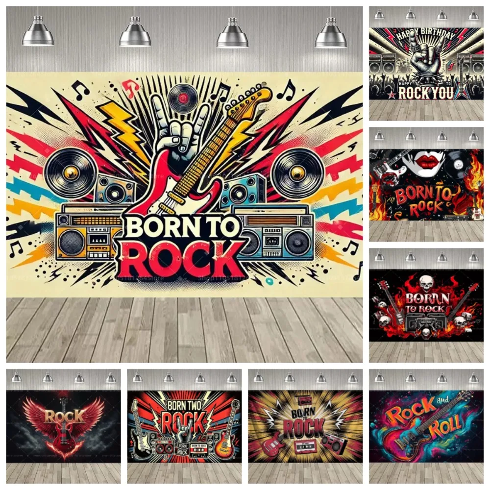 

Rock Music Guitar Microphone Drum Theme Party Photography Backdrop, Adult Birthday Party Decoration Photography Studio Backdrop