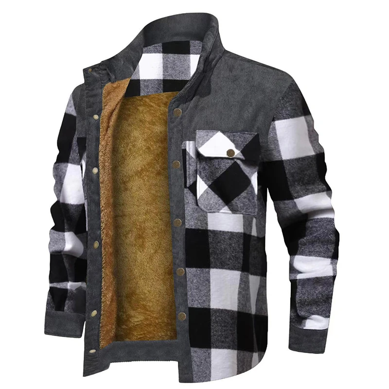 Thick Warm Men Plaid Shirt Fleece Man Jackets Casual Male Winter Outerwear Corduroy Shirts Patchwork Coats Men\'s Clothing New