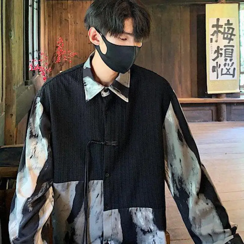 Men's Asian Inspired Casual Elegant Mandarin Collar Shirt And Pants Set Traditional Knot Button Long Sleeve Outfit