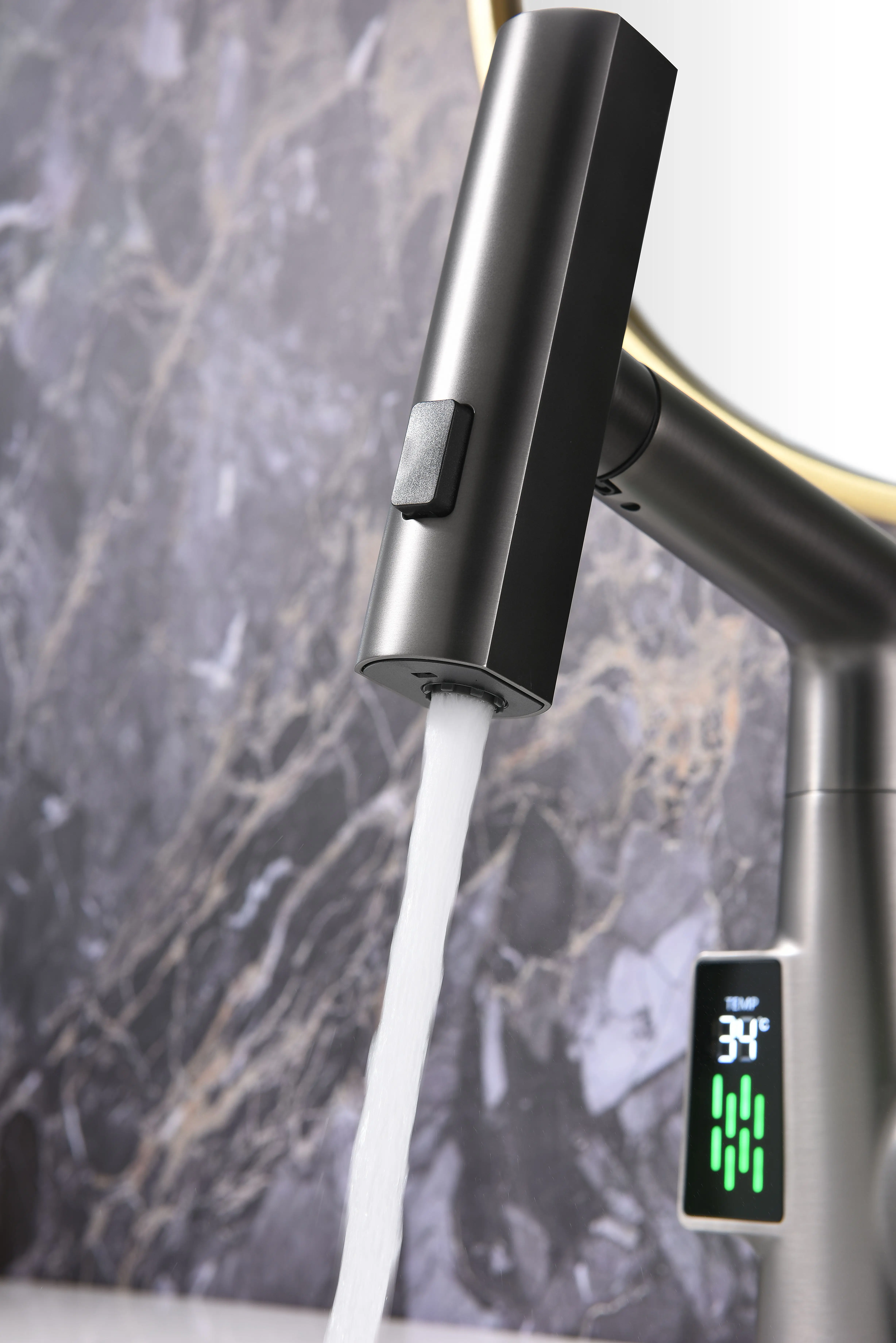 Washroom Bathroom Pull Out Waterfall Basin Vanity Sink Faucet Tap with Temperature Led Light Digital Display