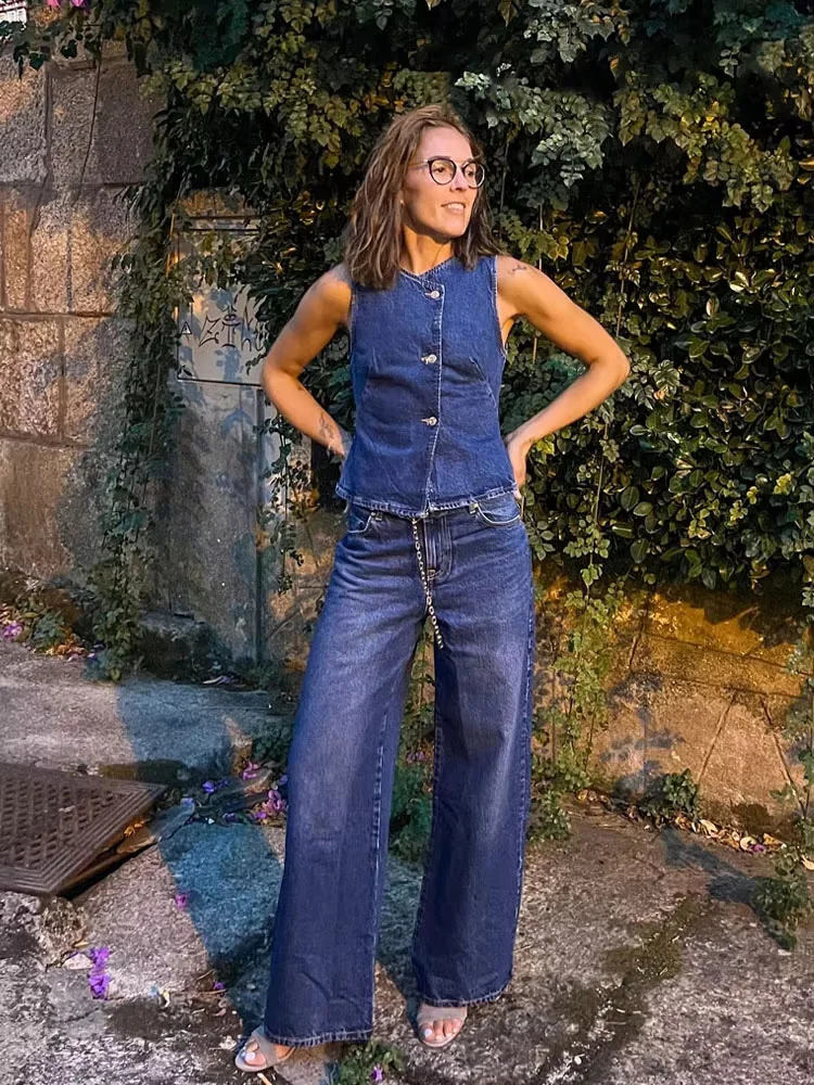 

HH 2025 Summer Women Fashion Denim Trousers Set Solid Cropped Vest Top + Chain Lace Up Versatile Female Wide Leg Long Pant