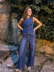 HH 2025 Summer Women Fashion Denim Trousers Set Solid Cropped Vest Top + Chain Lace Up Versatile Female Wide Leg Long Pant